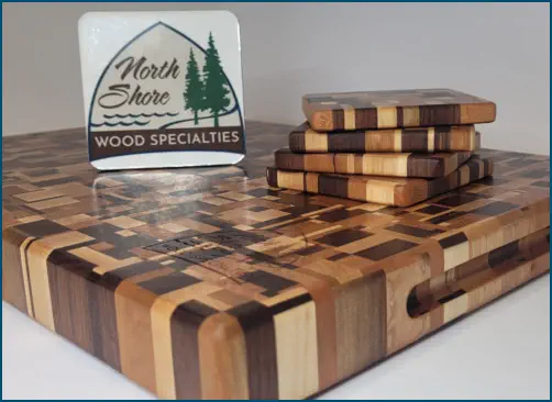 wood product display with coasters and cutting board